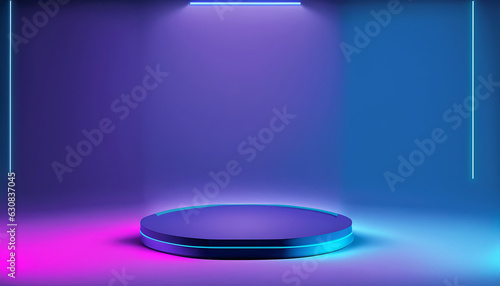 Purple podium neon lights and minimal wall screen pink background. Trendy 3d illustration for the presentation of your products