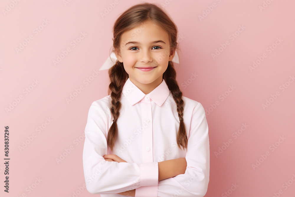 Generative ai photo collage of school child with crossed hands over color background Generative ai photo collage of school child with crossed hands over color background