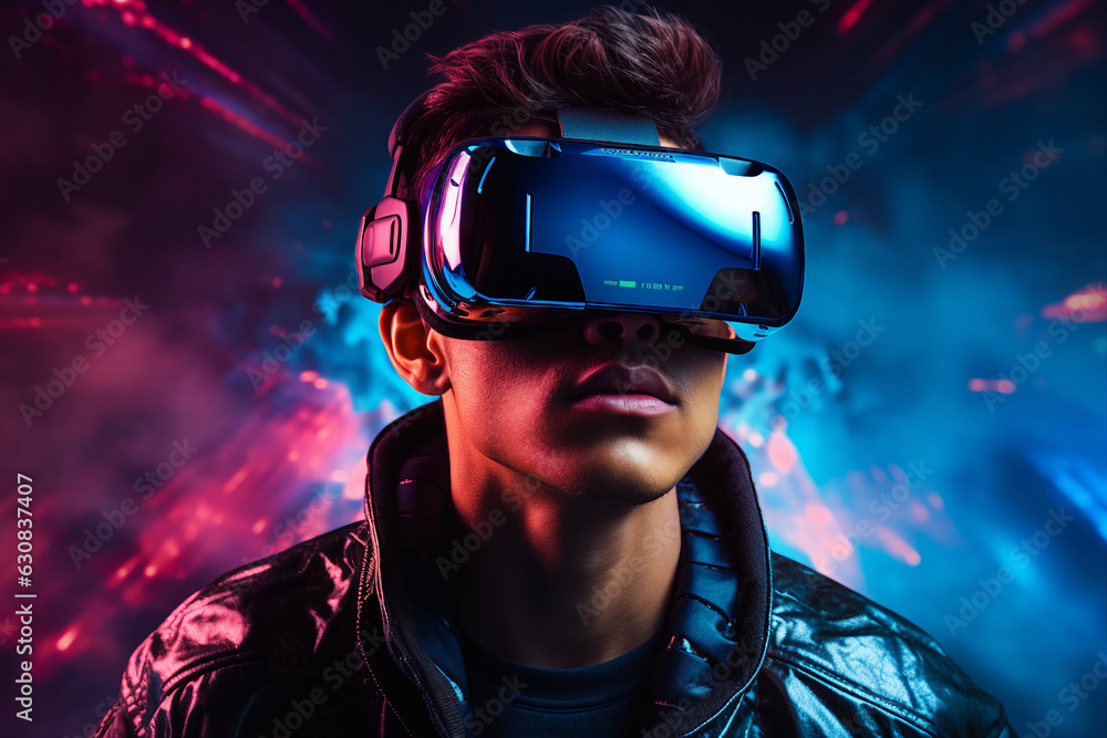 Generative ai collage photo of young professional cyber gamer using vr box gadget Generative ai collage photo of young professional cyber gamer using vr box gadget