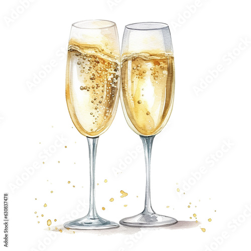 Champagne Glass, Isolated PNG, Invitation Card Graphic, Watercolor Hand Painted Illustration, Transparent Background, Generative AI