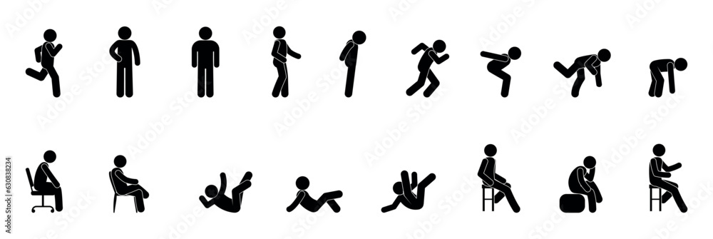 stick figure man icon, human silhouette isolated, people pictogram set