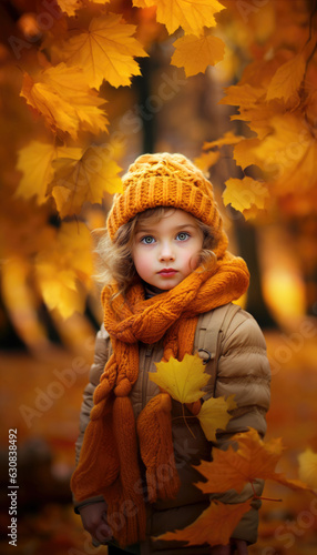 Cute youthful kid playing outdoors in the autumn season. Generative AI illustrations
