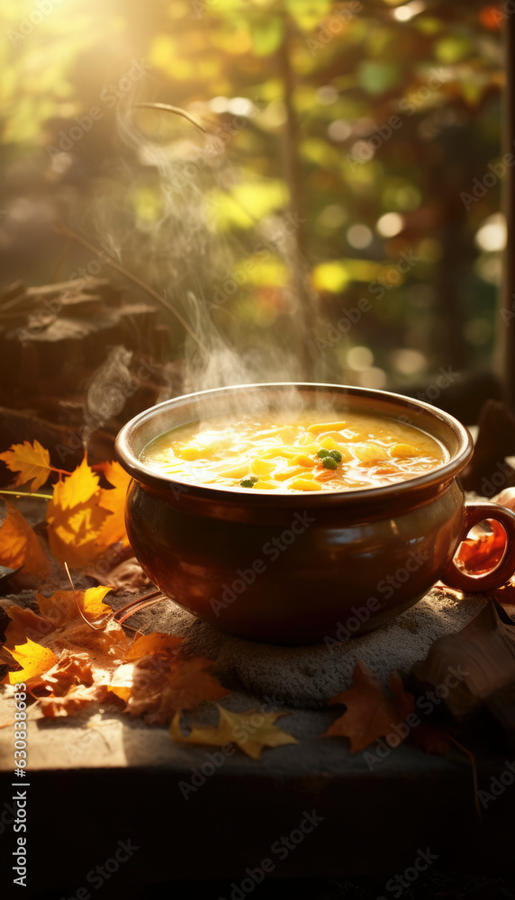 Delicious autumn soup on a wooden table in a forest. Generative AI illustrations Delicious autumn soup on a wooden table in a forest. Generative AI illustrations