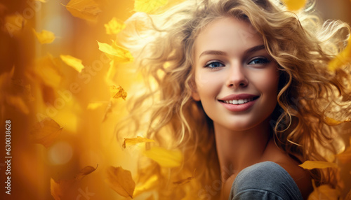 Beatiful female model posing in autumn nature surrounded by maple leaves in the fall. Generative AI illustrations