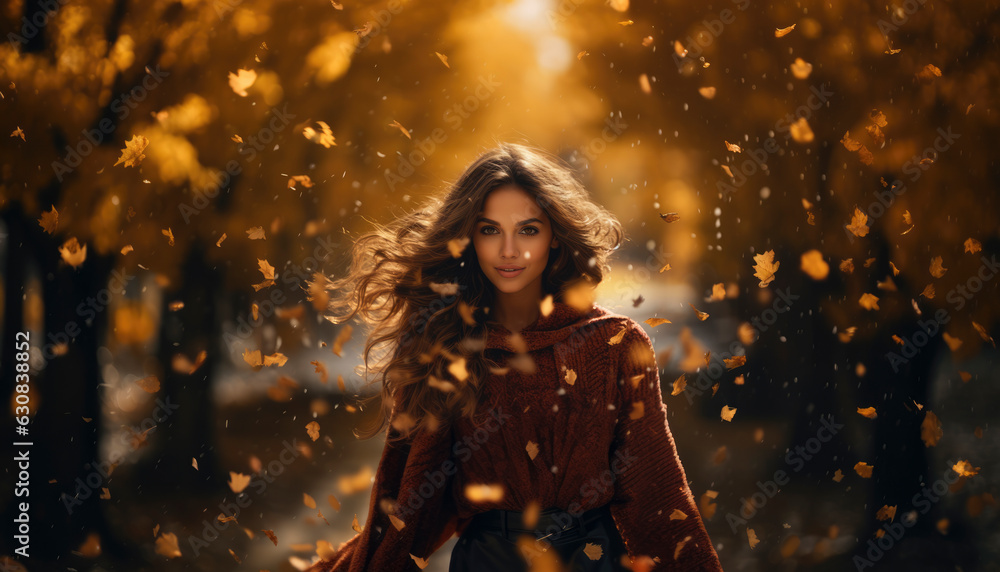 Beatiful female model posing in autumn nature surrounded by maple leaves in the fall. Generative AI illustrations Beatiful female model posing in autumn nature surrounded by maple leaves in the fall. Generative AI illustrations