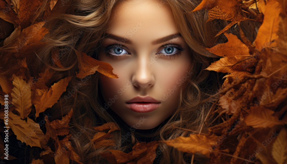 Beatiful female model posing in autumn nature surrounded by maple leaves in the fall. Generative AI illustrations Beatiful female model posing in autumn nature surrounded by maple leaves in the fall. Generative AI illustrations