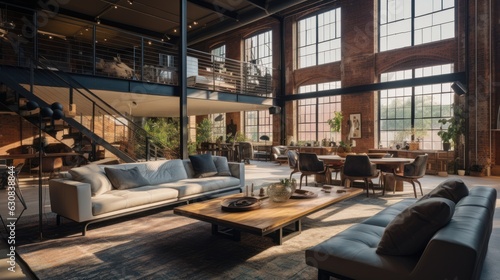 Interior of a loft apartment thoughtfully furnished with stylish and functional furniture. © KerXing