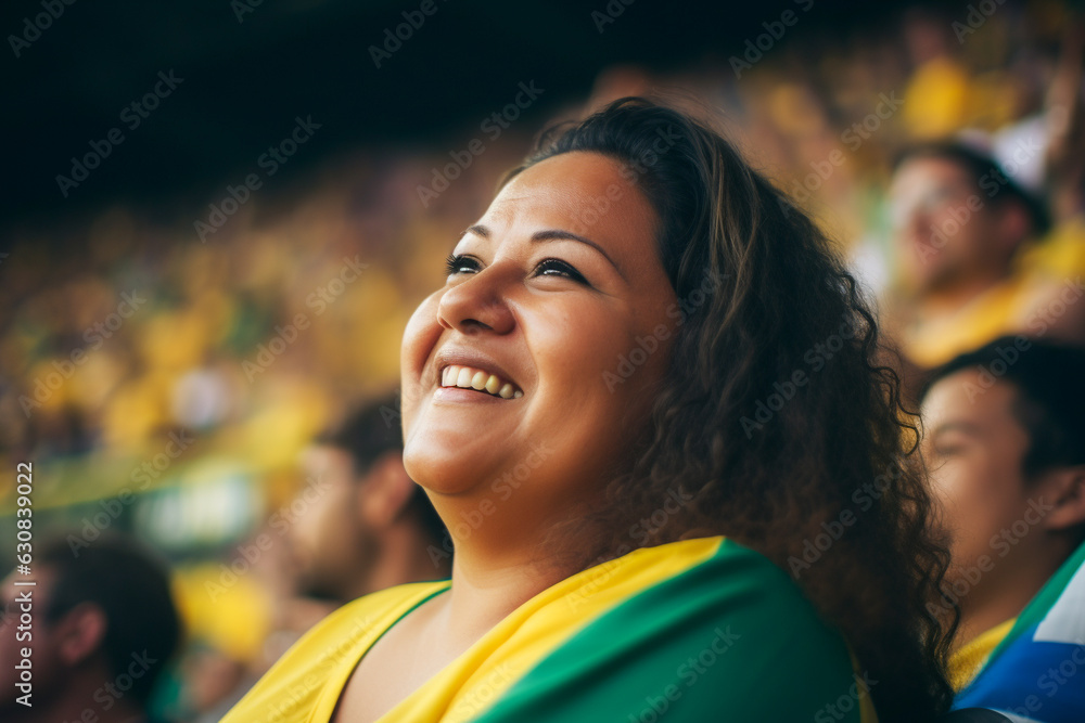 Fãs brasileiras de futebol em um estádio da Copa do Mundo apoiando a seleção nacional
 - obrazy, fototapety, plakaty 