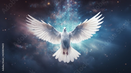 Majestic white dove gracefully soaring through a starry sky