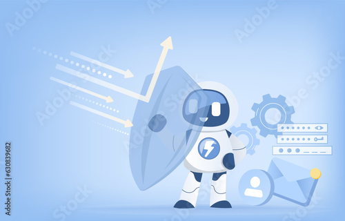 Artificial intelligence (AI) technology and protection concept. AI robot holding a shield reflecting arrow. Protect personal detail, password, and other sensitive information from cyber attack.
