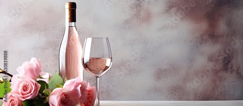 a wine tasting in a wine shop or bar with a bottle of rose wine on a gray table and spring pink flowers. The wine can be called rosado, rosato, or blush wine. empty space for copying. photo