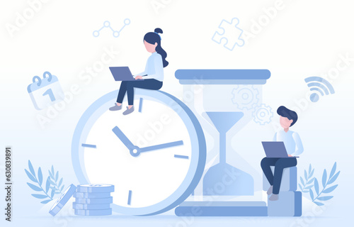 Time management concept. Business people engaged in effective work time management, planning, and financial investment to profitability. Flat vector design illustration.