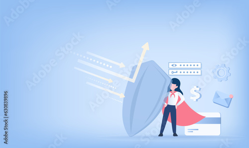 Protector standing with shield reflecting arrow. Protect personal information, password, finance and other sensitive data. Flat vector design illustration with copy space. photo