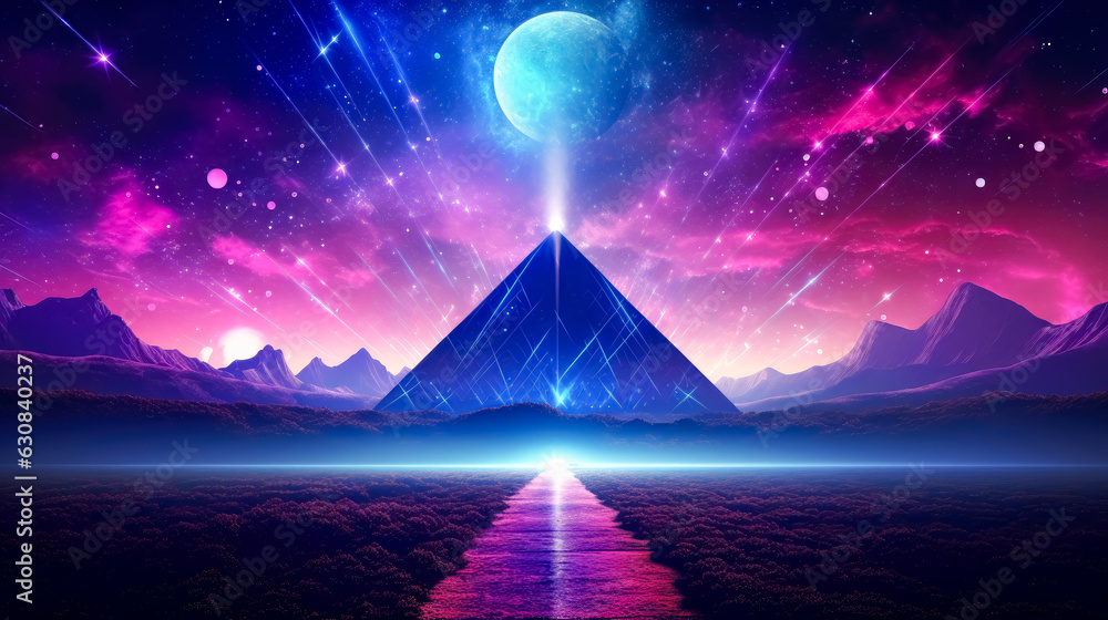 abstract synthwave background with geometric circles and triangles, with neon-infused digitalism and colors, retrowave, dynamic perspective, purple and blue.