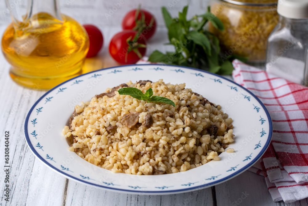 Bulgur pilaf with mushrooms, food concept photo. Bulgur pilaf with mushrooms, food concept photo.