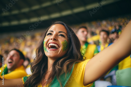 Fãs brasileiras de futebol em um estádio da Copa do Mundo apoiando a seleção nacional
 photo