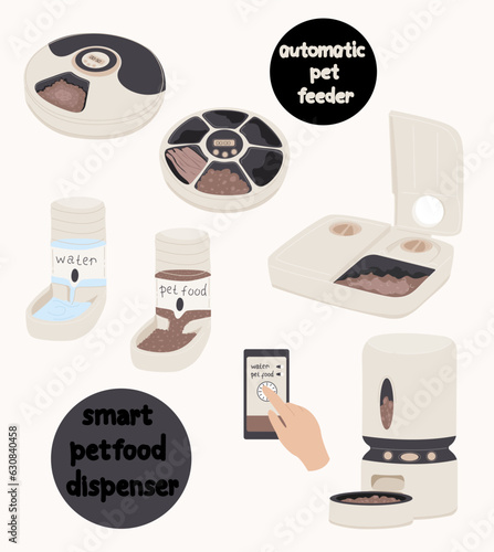 Automatic feeder for pets. Smart food dispenser for cats and dogs. Electronic pet food dispenser. Vector illustration.