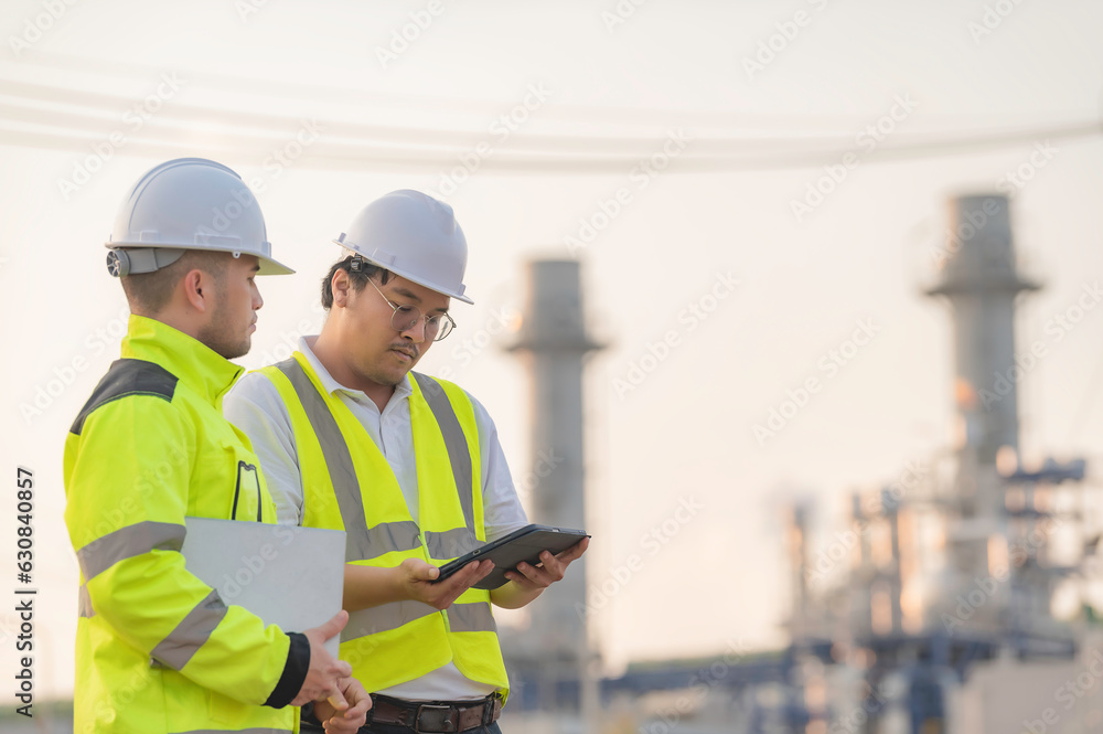 Fototapeta premium Group Asian man petrochemical engineer working at oil and gas refinery plant industry factory,The people worker man engineer work control at power plant energy industry manufacturing