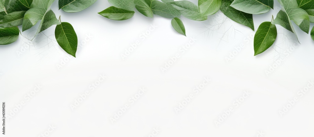 natural cosmetics and a healthy lifestyle is represented by a top view image of green leaves on a white background. emphasizes natural organic skincare and bio research, with copy space available.
