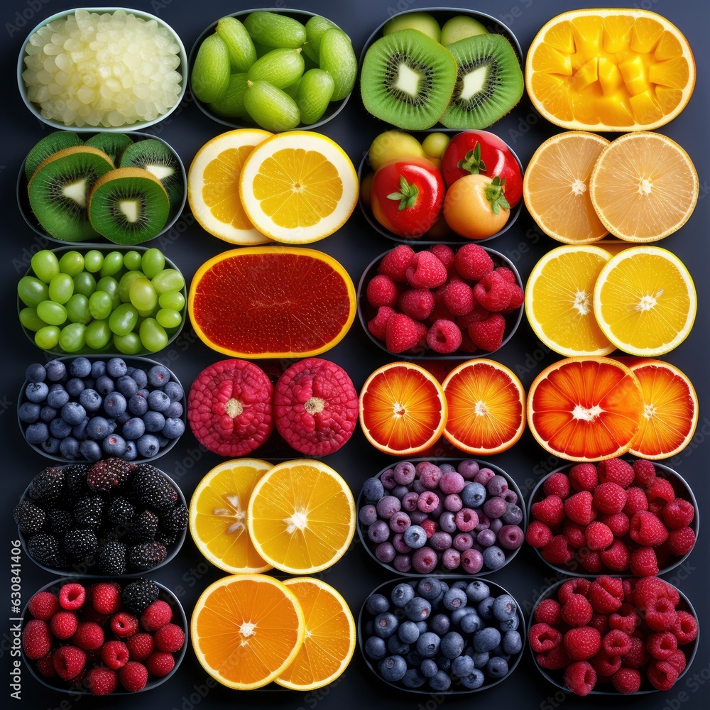Photo lay flat overhead view of lots of colorful fruits Photo lay flat overhead view of lots of colorful fruits