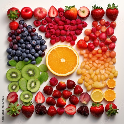 Photo top view of colorful fresh fruits rainbow