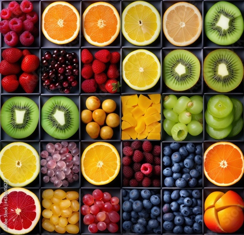 Photo lay flat overhead view of lots of colorful fruits