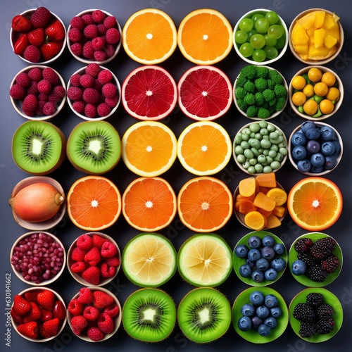 Photo lay flat overhead view of lots of colorful fruits
