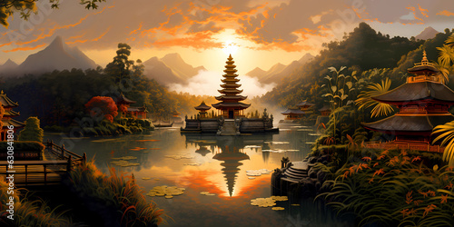 Illustration of a beautiful view of Ulun Danu, Bali, Indonesia