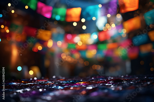 Empty wooden table with Mexican fiesta background out of focus photo