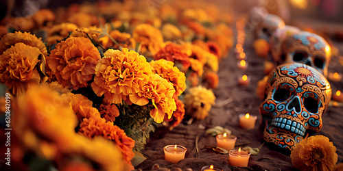 Cempasúchil flowers,skulls  and candles in Day of the Dead photo