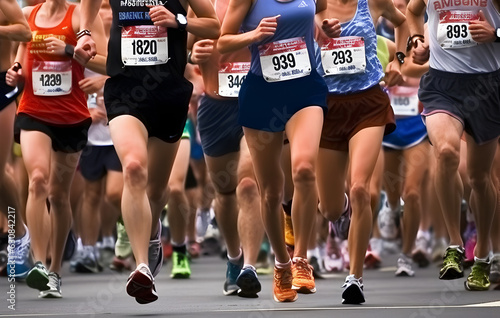 People running in a marathon, exercise and fitness, marathon runners, race, running race, generative ai.