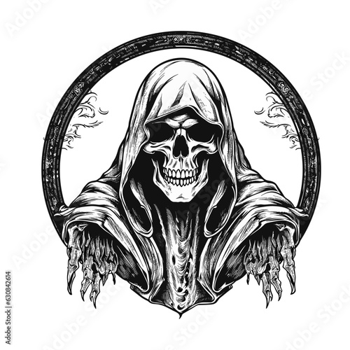 Ethereal Reaper: Hand Drawn Black & White Skull Illustration - Ideal for Flash Tattoos, Coloring Pages, and More