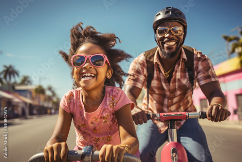 African American Dad and daughter ride bikes. Joint family game leisure.