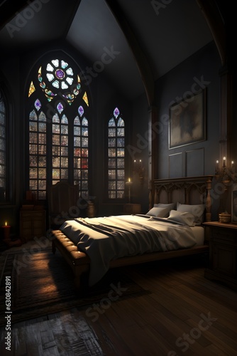 Gothic style bedroom interior with modern bed in luxury house.