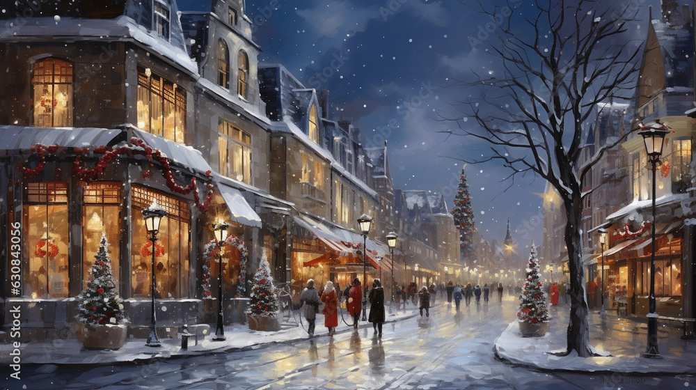 Enchanting Evening: Snowy City Street with Christmas Decorations