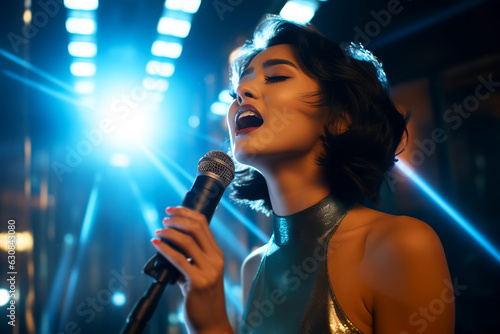 Beautiful asian female singer sings on stage in blue light spotlights. 