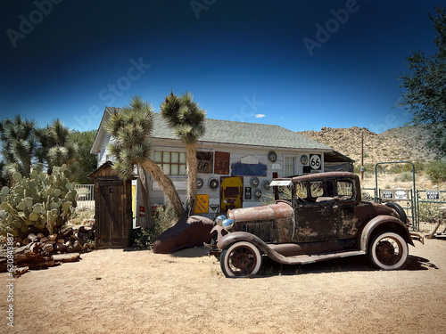 Old rusty car on a desert - route 66