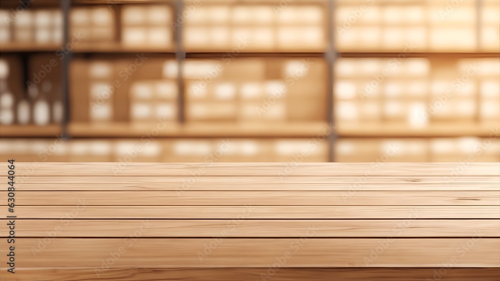 Empty Wooden Table with blurred background of a warehouse - Product Display Montage. High Quality Render Empty Wooden Table with blurred background of a warehouse - Product Display Montage. High Quality Render