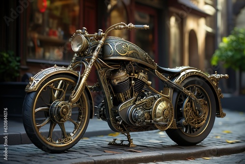 Steampunk Hightech Motorrad Dreambike in Gold und Blau