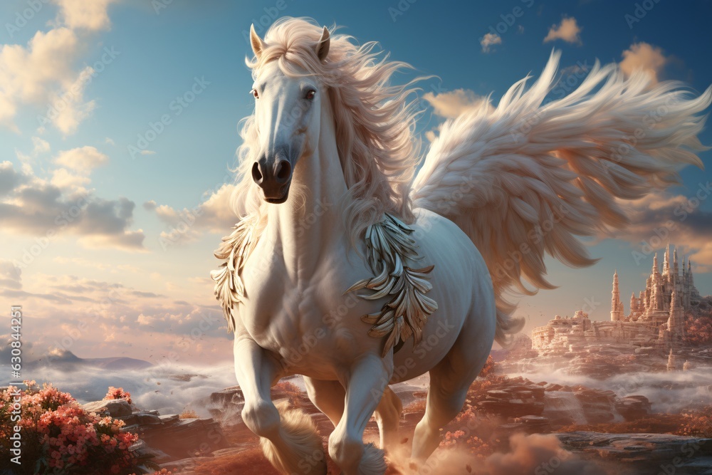 Majestic Pegasus horse flying high above the clouds. Мythological creature. Fantasy style illustration Majestic Pegasus horse flying high above the clouds. Мythological creature. Fantasy style illustration