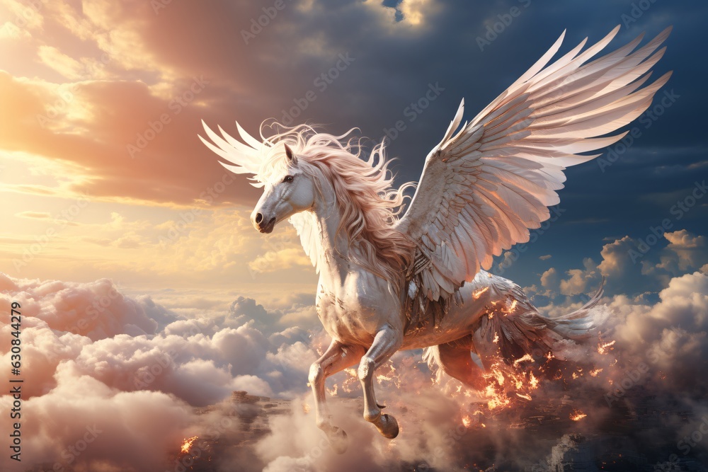 Majestic Pegasus horse flying high above the clouds. Мythological creature. Fantasy style illustration Majestic Pegasus horse flying high above the clouds. Мythological creature. Fantasy style illustration
