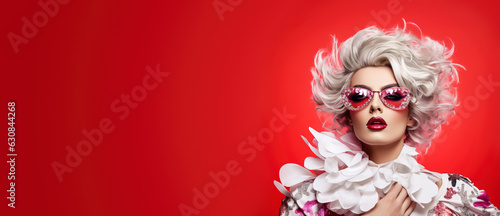 Drag queen person wearing heavy extravagant makeup. Proud expression. Wide banner with copy space on side. Generative AI