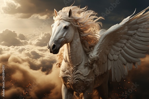 Majestic Pegasus horse flying high above the clouds.   ythological creature. Fantasy style illustration