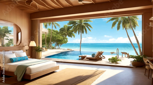 resort room see the beach in window with summing pool and swing © color