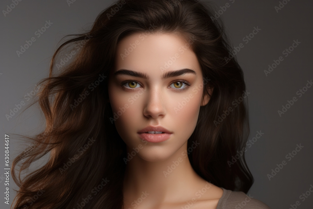 Pretty woman with brown hair, flawless skin. Beauty, health, and skincare concept in studio portrait. Pretty woman with brown hair, flawless skin. Beauty, health, and skincare concept in studio portrait.