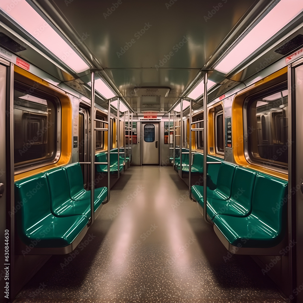 The interior of a Subway train car, shows several green color seats, lights, and doors. A good depiction of a Subway train you would find in a big city, generative ai.