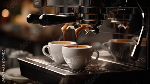 Espresso coffee pouring from espresso machine, Barista details in cafe.