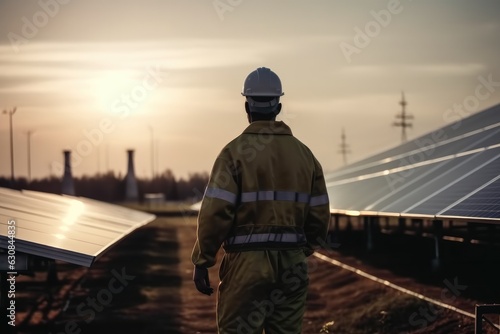 Engineers examining work of photovoltaic cells at solar power generating station.