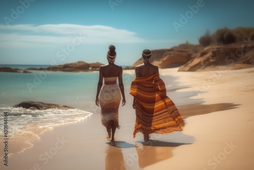 Rear view Two African native women in traditional dresses walking along the sandy beach.