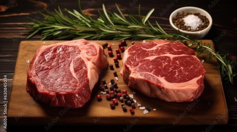 Two raw ribeye beef steaks.